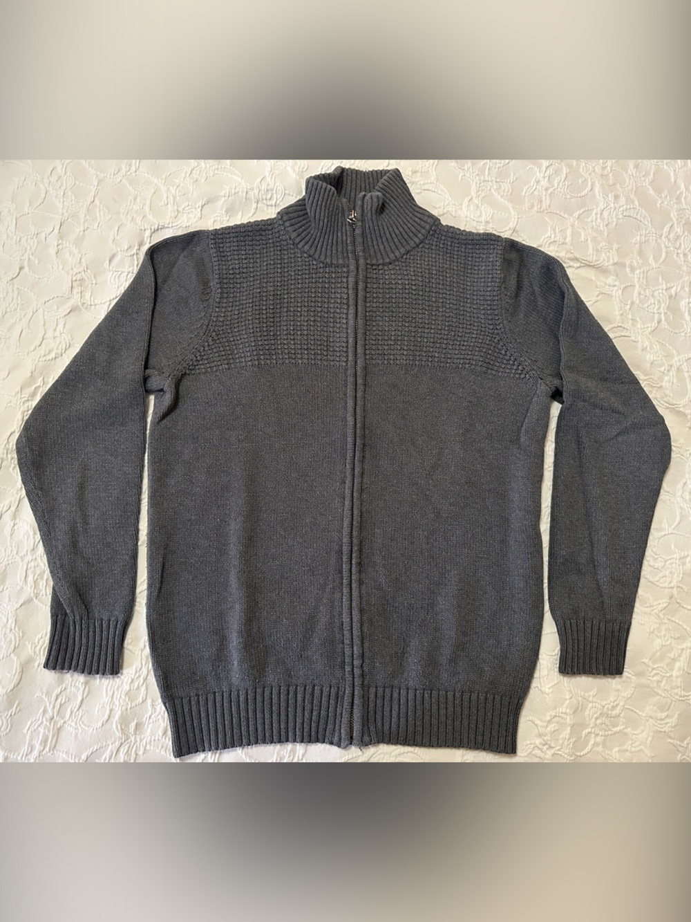 Selected Homme Men's Dark Gray Full-Zip Knit Sweater with Stand Collar
